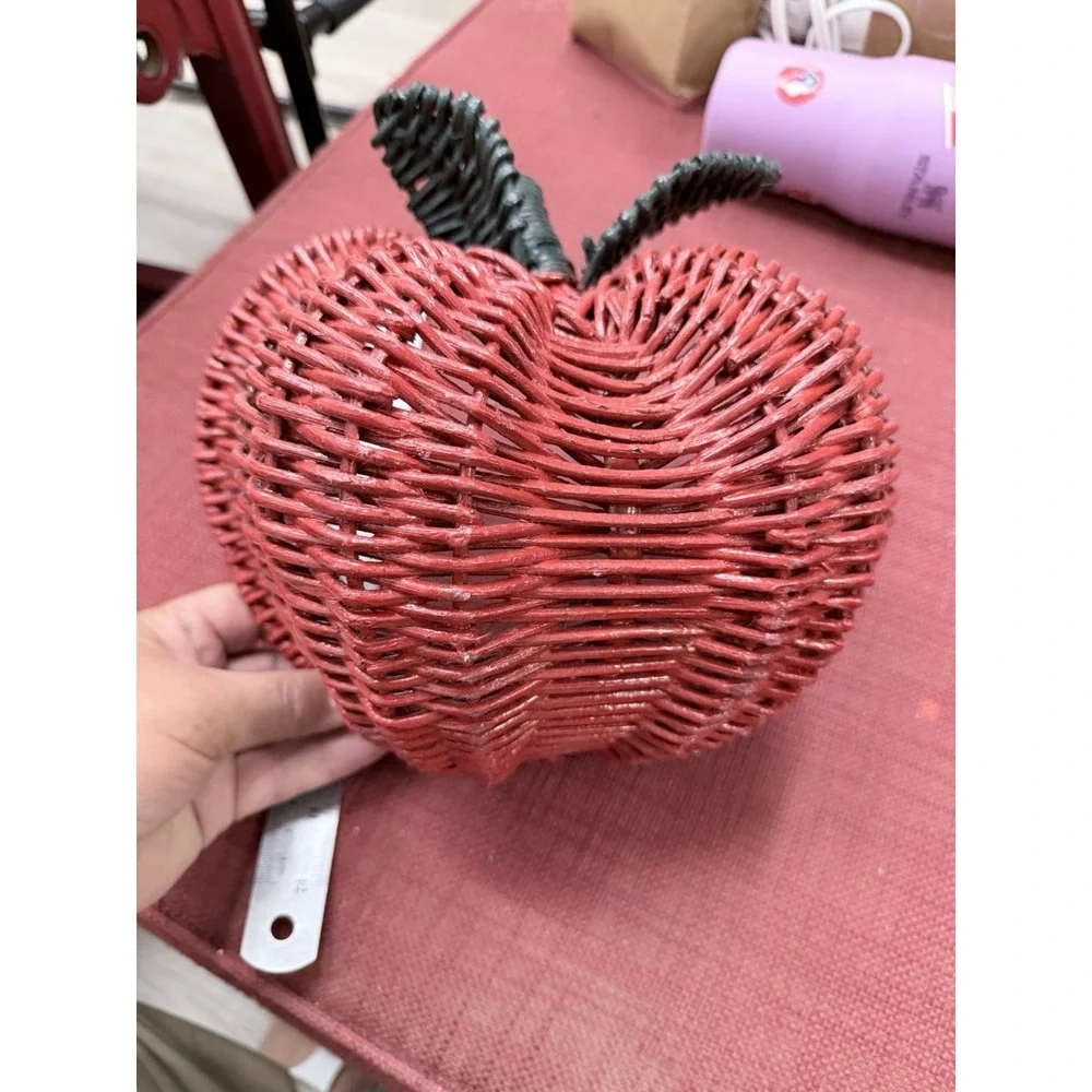Vintage Red Apple‎ Shape Wicker Basket Green Leaves